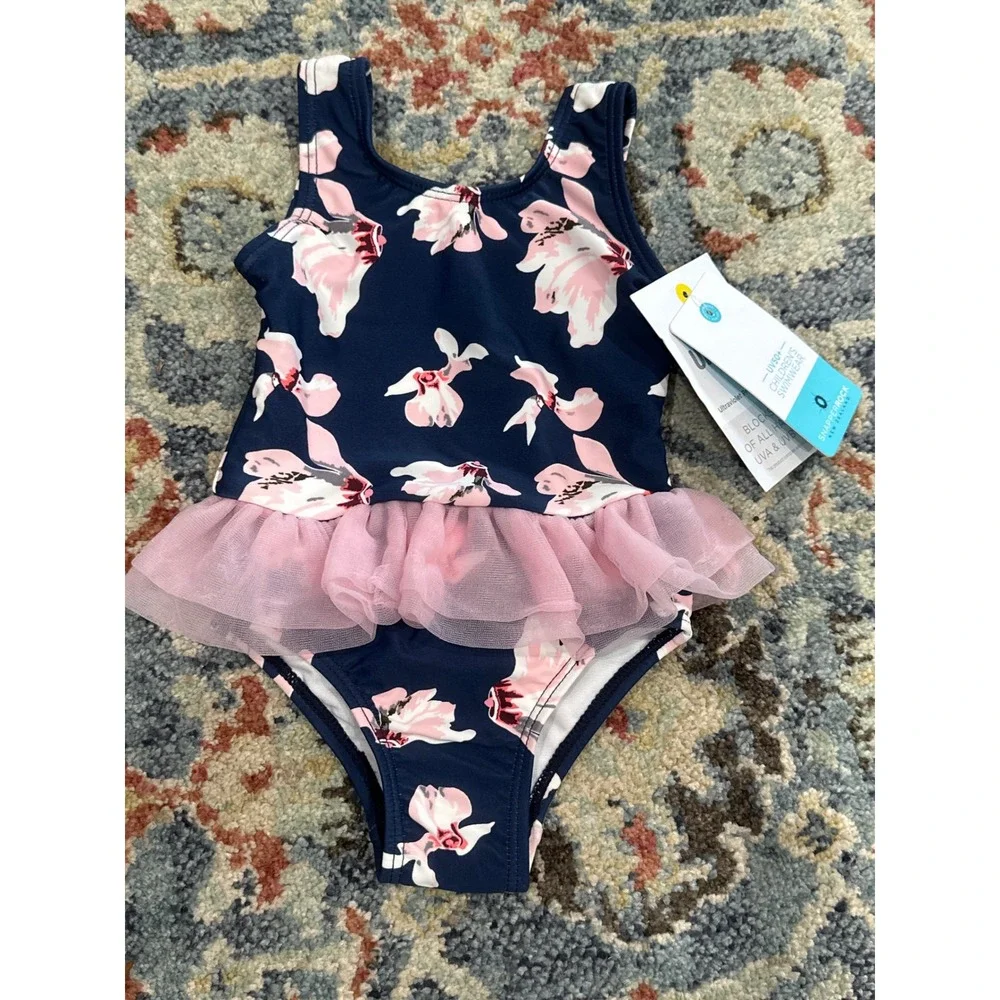 Snapper Rock Swimsuit Girls 3-6 Months Navy Pink Floral Tutu NWT